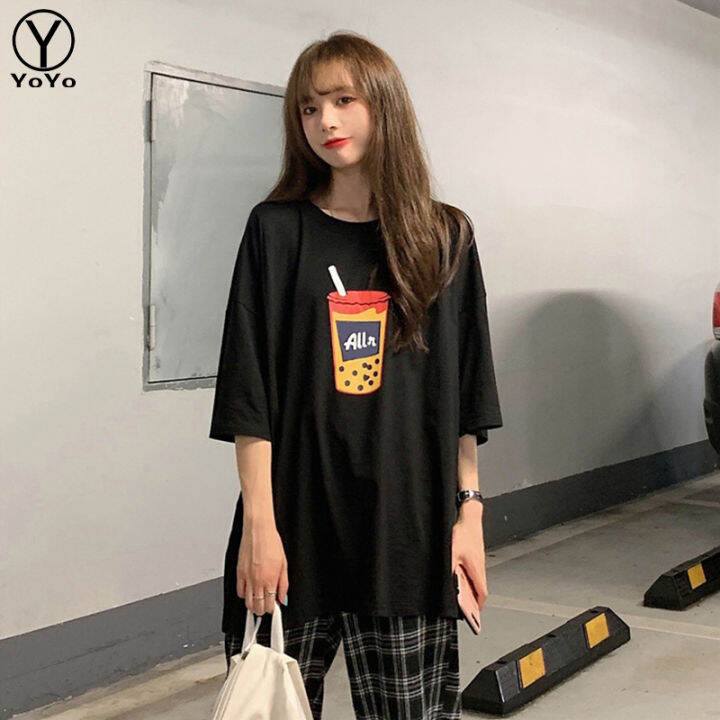 yoyo-เสื้อยืดแฟชั่นผู้หญิงins-คอกลมแขนสั้น-ทรงหลวมสายเก๋-สไตล์เกาหลี-รุ่นd067