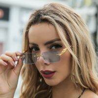 HOT★Rimless Rectangle Vintage โลหะเสือดาวแว่นตากันแดดแฟชั่น Frameless แว่นตาสีสำหรับผู้หญิงผู้ชาย