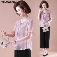 Middle-aged mother summer dress foreign temperament chiffon shirt two-piece set 2023 new middle-aged and elderly summer short-sleeved loose top