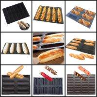 รูปลักษณ์ใหม่♗ถาดฮอตดอกขนมปังอบขนม Cetakan Bentuk Eclair Roti Non Stick ถาดก้อนยาว Hitam Berlubang Silikon Kaca Serat Perangkat Pemanggang