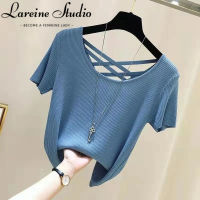 LAREINE เสื้อยืดโชว์หลังผู้หญิง,2023แขนสั้นเลกกิ้งผ้าไหมน้ำแข็ง