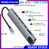 ฮับ USB 8-In-1ตัวแปลงแบบหลายพอร์ตอะแดปเตอร์3.1-4K RJ45ตัวอ่านบัตร TF PD ชาร์จเร็วใช้ได้กับ MacBook