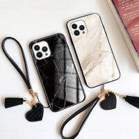LZDTUD เคสสำหรับ Apple iPhone 14 13 12 11 Pro Max เคสลายหินอ่อนโทรศัพท์กระจก + สายรัดข้อมือดีไซน์ใหม่12Mini 13Mini 14Plus