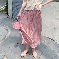 3Colors Summer Long Midi Skirts 2022 Casual High Elastic Waist Pleated Soild A line Long Skirts Female (U7155