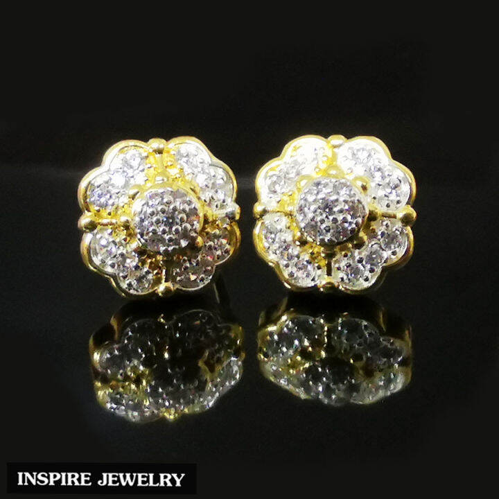 inspire-jewelry-ต่างหูเพชร-ยกยอด-รูปดอกไม้-ตัวเรือนหุ้มทองแท้-100-24k-สวยหรู-พร้อมกล่องทอง