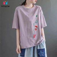 ☇☽卍 Pure Cotton Printed Short-sleeved T-shirt Blouse Womens Korean Style Loose Top Women