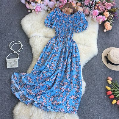 YuooMuoo Women Dress Fashion Summer Sweet Floral Print Long Dress Chic Ruched Elastic Chest Sundress Korean Party Beach Vestidos