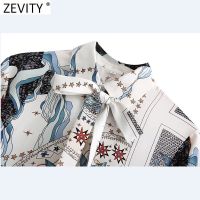 Zevity 2022 New Women Vintage Patchwork Print Breasted Smock Blouse Ladies Long Sleeve Bow Kimono Shirts Chic Blusas Tops LS9925