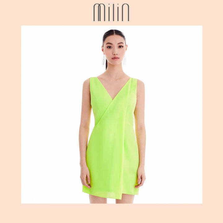 milin-front-drape-detail-polyester-sleeveless-dress-เดรสแขนกุดคอวีจับจีบด้านหน้า-dashing-dress