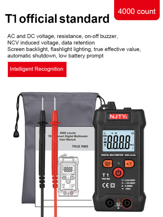 Digital Multimeter Professional NJTY T1 NCV Voltmeter AC DC 600V Ohmmeter Resistance Tester Buzzer Alarm 4000 Counts True RMS