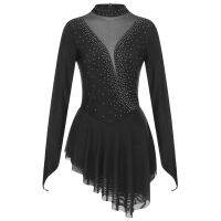 Women Rhinestone Ballet Dance Dress Long Sleeve Mesh Splice Figure Skating Dress Gymnastics Leotard Competition Dance Costume