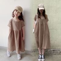 (KTL)Summer Children Wear Japanese Girl Dress Parent-child Wear Solid Cotton Linen Short Sleeve Long Women Dress Mommy And Me Clothes