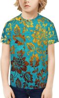 Kids T-Shirt Short Sleeve Gold Flower Damask Traditional Boys Girls Tee Shirts Tops