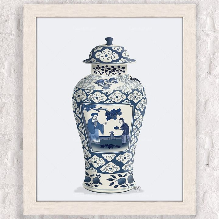 สีน้ำ-chinoiserie-แจกันพิมพ์-ที่สวยงามราชวงศ์หมิงพอร์ซเลนสีฟ้าและสีขาวโอเรียนเต็ลศิลปะโปสเตอร์สำหรับตกแต่งผนังศิลปะ