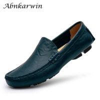 Spring Summer Men Casual Slip On Leather Shoes Soft Comfortable Driving Shoes Black Blue Brown Breathable