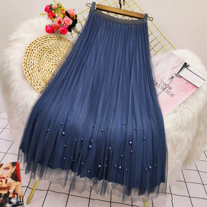 both-sides-wear-pearls-mesh-tutu-skirt-women-summer-velvet-high-waist-long-skirts-woman-solid-color-a-line-pleated-skirts