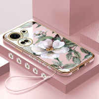 เคสสำหรับ Tecno Camon 20 Camon 20 Pro (ฟรีสายคล้อง) เคสลายดอกไม้การ์ตูนเด็กผู้หญิงน่ารักขอบสี่เหลี่ยมเคสโทรศัพท์ชุบเคสโทรศัพท์นิ่มสุดหรู