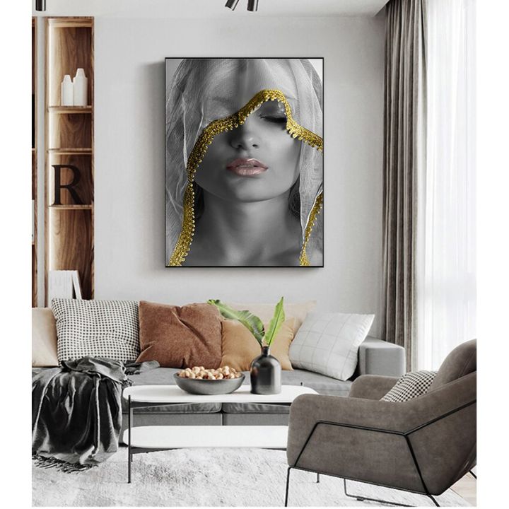 รูปภาพศิลปะตกแต่งสำหรับห้องนั่งเล่นสไตล์สแกนดิเนเวียน-cuadros-0717แต่งหน้าสีทองภาพวาดผ้าใบผู้หญิง