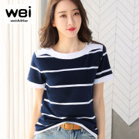 WEISHIBLUE แฟชั่นเสื้อยืดผู้หญิงเสื้อใหม่แขนสั้นเกาหลี O-Neck เสื้อยืดสตรีฤดูร้อนสีขาวและสีฟ้าเสื้อยืดลายทางขนาดใหญ่