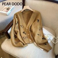 PEAR DODO เสื้อกันหนาวคาร์ดิแกนหลวมถักคอวีแนววินเทจสำหรับผู้หญิงเกาหลี