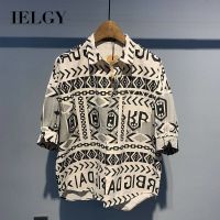 IELGY เสื้อเชิ๊ตผู้ชายแบบบาง,เสื้อเรโทรผ้าชีฟองนุ่มแขนปานกลางพิมพ์ลายสไตล์ฮ่องกง