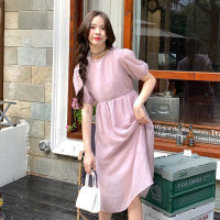 พร้อมส่ง ? Yayam dress เดรสคอกลมแขนสั้นสีม่วงอ่อนผ้าเนื้อนิ่ม (IN37072)