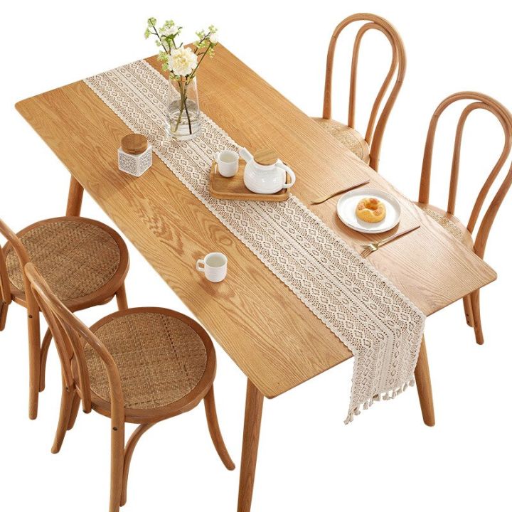 โต๊ะประดับทำจากผ้าฝ้ายลูกไม้ถักนอร์ดิกพร้อมพู่สีเบจ-สีดำ-สีขาวตกแต่งผ้าคลุมโต๊ะโรแมนติกสำหรับบ้านงานเลี้ยงงานแต่งงาน