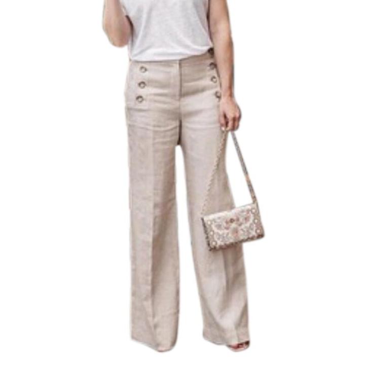 loreta-shunying-plus-ขนาดฤดูร้อนผ้าลินินผู้หญิงกางเกงขากว้างเอวสูงปุ่มกางเกงกางเกง