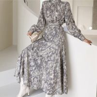 Korean Elegant Lantern Sleeve Vintage Ink Print Dresses Stand Collar Belt Slim Waist Female Robe 2021 Fall Office Lady Vestidos