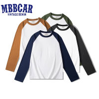 MBBCAR 2023ใหม่เสื้อยืดแขนแร็กแลนสีพื้น230กรัมสีตัดกันสำหรับผู้หญิงและผู้ชายเสื้อยืดแขนยาวสีทึบ