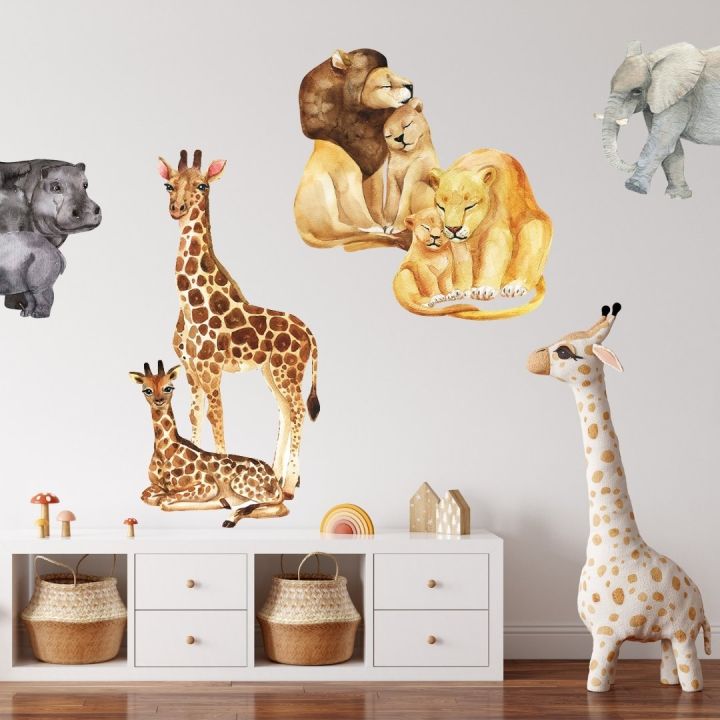 watercolour-animals-wall-decal-sticker-african-animal-collection-animal-forest-lion-giraffe-large-wall-stickers-decals-kids