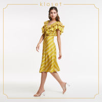 Kloset Striped Printed Ruffles Dress(SS20-D010)ชุดเดรส ชุดเดรสสั้น ชุดเดรสผ้าพิมพ์ ชุดเดรสแฟชั่น