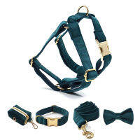 Luxury Thicken Soft Green Velvet Dog Harness Collar Leash Set Engraving Name ID For Small Medium Dogs with