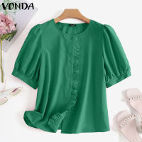 VONDA Women OL เสื้อสวมศีรษะทำงานมีระบายลำลองคอกลมเสื้อปลายแขนบาน (ลำลองเกาหลี) #2