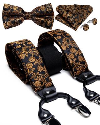 Luxury Gold Black Mens Suspenders Set Fashion Real Leather 6 Clips Suspenders Braces Wedding Silk Suspenders Bow Tie Set DiBanG