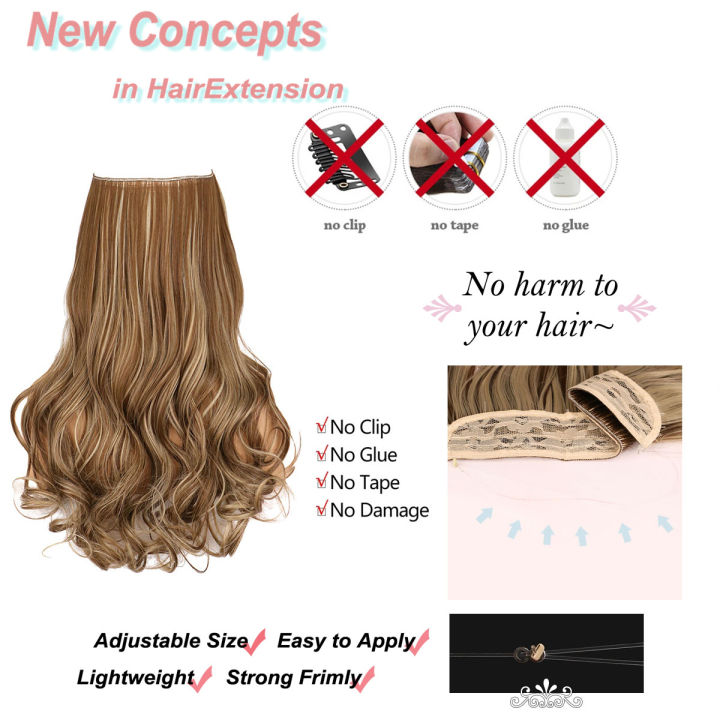 long-natural-synthetic-no-clip-wave-halo-hair-extensions-in-artificial-ombre-black-brown-blonde-pink-fish-line-fake-hair-piece