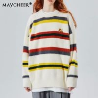 MAYCHEER เสื้อกันหนาวคอกะลาสีลายทางย้อนยุคของผู้ชายเสื้อกันหนาวถักแบบสวมคู่สไตล์ Preppy