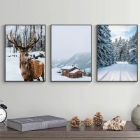 Winter Christmas Snow Scene Poster Nature Photography Art Print Reindeer Cabin Canvas Painting Wall Picture Living Home Decor