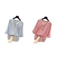 ? boloni เสื้อผู้หญิงลายปุ่ม V คอเสื้อแขนสั้น Tops หลวม TEE CASUAL