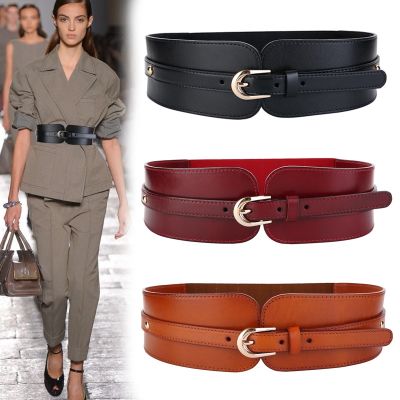 【YF】 Women Black Wide Belt Elastic Gold Pin Buckle Leather Belts For Female Lady Dress Coat Waist Corset Strap Cummerbund