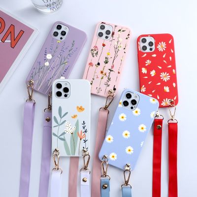Soft Silicone Cell Phone Case For Huawei P40 Lite E P30 P20 Pro Mate 20 10 Lite E P Smart 2019 2021 Lanyard Rope Flowers Fundas Phone Cases