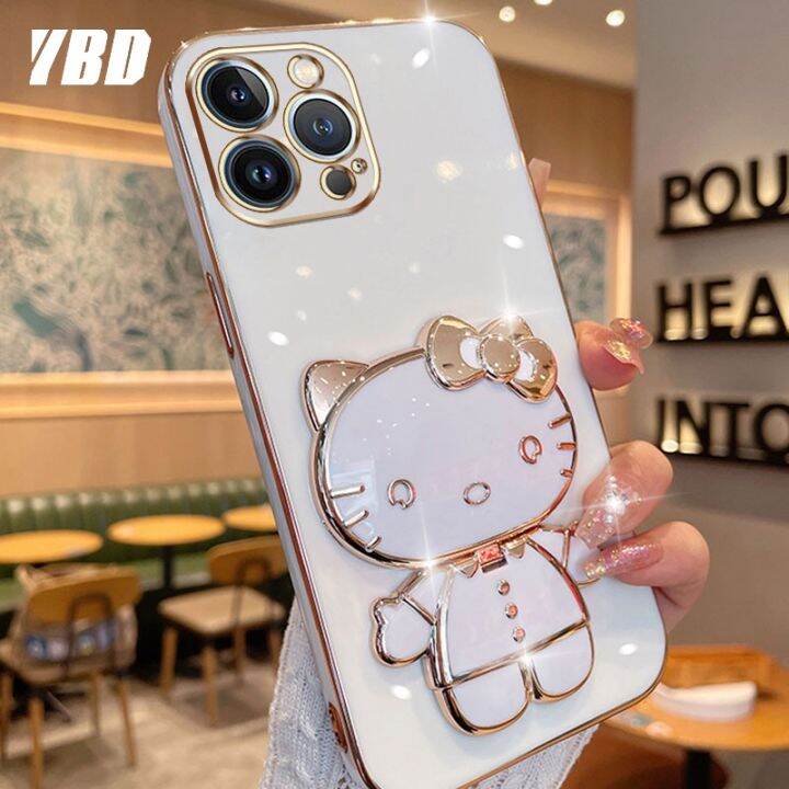 ybdมีเคสโทรศัพท์กระจกเข้ากันได้กับ-iphone-14-13-12-11-pro-max-13-12-mini-เคส3dแมวน่ารักพับได้เคสซิลิโคนแบบนิ่มขายึดภาพสามมิติ