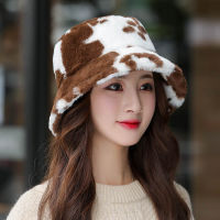 [hot]Winter Hats for Women Cow Print Plush Bucket Hats for Women Soft Velvet Fisherman Cap Lady Tourism Outdoor Hat Flat Top Hats