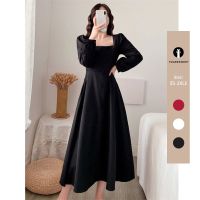 COD Long Sleeve Black Dress Womens Midi Skirt Square Collar Over the Knee Long Little Black Dress Yoaresweet