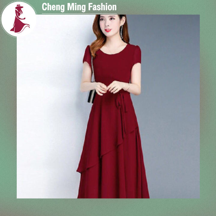 cheng-ming-ชุดผู้หญิงแขนสั้นฤดูร้อนเอวสูงสีทึบยาวปานกลางกระโปรงไซส์ใหญ่คอกลมชุดกระโปรงสวมหัว