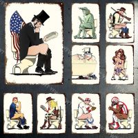 Funny Illustration Character Sitting on Toilet WC Toilet Vintage Metal Tin Signs Decorative Wall Panels for Bathroom Decoration