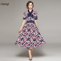 Fashion Elegant Short Sleeve Bow Cinched Pleated Printed Dress (with Belt)