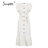 ZZOOI Simplee Classic v-neck striped women long dress Elegant ruffle sleeve office female daily work dress Buttons ladies maxi dress