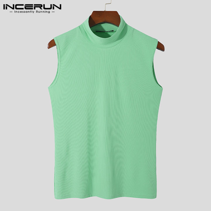 incerun-เสื้อถักแขนกุดคอสูงของผู้ชาย-เสื้อเบลาส์ฟิตกล้ามเนื้อสำหรับใส่ไปยิมสไตล์ตะวันตก