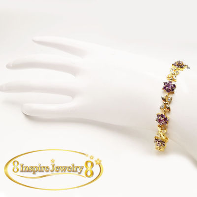Inspire Jewelry ,สร้อยข้อมือ พลอยSaphire ม่วง ประดับเพชรCZ รูปดอกไม้ และดาว ตัวเรือนหุ้มทองแท้ 24K พร้อมกล่องทอง งาน Design งานจิวเวลลี่หรู ขนาด 18CM